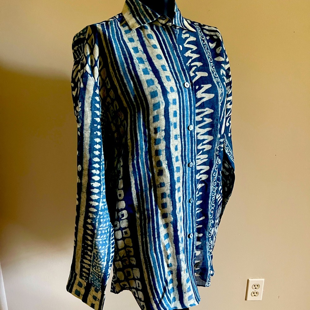 NEW ZARA lightweight Linen Blue & Tan Patterned Button-Up Shirt